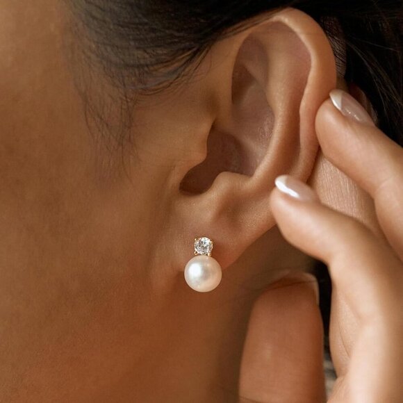 Pearl Earrings Women Dainty Gold Plated Sterling Silver Drop Bridal Jewelry - Picture 2 of 8